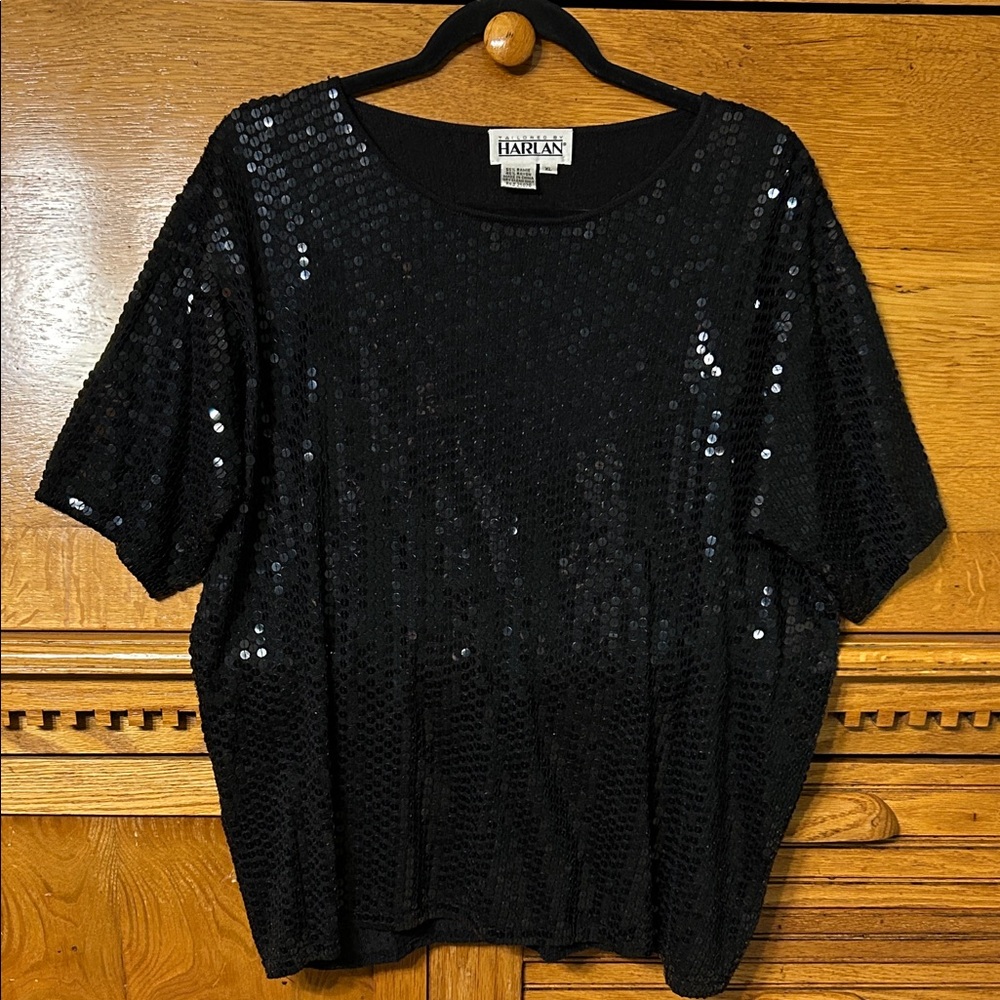 Harlan Black Sequin Short Sleeve Round Neck Vintage Women's Size XL
